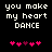 Pixelated text reads 'you make my heart DANCE' above five pink and purple hearts on a black background.
