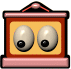 Six display a pair of cartoon eyes in various states within a red and pink frame against a yellow background