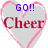 Heart-shaped icon with pink outline and gray fill, displaying text variations including 'GO!!', 'TROJANS!!', and 'orange!! blue!!' over 'Cheer' in red.