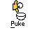 Pixelated yellow hand with white eye-like circle pours green substance into black-outlined bowl on gray background, text "Puke" below.