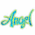 A split-frame contact sheet showing two distinct text-based designs: a stylized blue-yellow gradient "Angel" script on white background and green pixelated "Original Icons .com" text on dark green background.