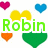 Pixelated green text 'Robin of Loxely' surrounded by colorful pixel hearts on white background with gray corner.
