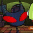 Animated sequence showing a green-skinned alien with large eyes and red accents interacting in a dimly lit room with arched doorways, transitioning to an outdoor scene with trees.