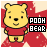 Pixelated yellow bear in red shirt stands against red and beige background with 'POOH BEAR' text block.