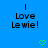 Blue background with black text reading "I Love Lewie!" on both sides and green pixelated hearts below each text block.