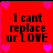 Red background with black text reading "I cant replace ur LOVE" and pink heart symbols in four quadrants.