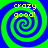 Four identical spiral patterns with alternating blue and green colors, each containing yellow text reading 'crazy good!' in pixelated font.