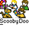 Animated contact sheet of Scooby-Doo character sprites with repeated text and speech bubbles across multiple frames showing different poses and expressions.