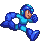 Pixel art character in blue armor running through four distinct poses with arms and legs extended, helmeted head turned slightly right.