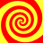 Four red and yellow spiral patterns arranged in a on a solid background, each with alternating bands of color forming continuous swirls