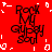 Red background with four identical black text-based figures arranged in a , surrounded by scattered white pixel fragments