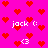 Pixelated pink background with red heart patterns and repeated white text 'jack :(' and '<3' symbols.