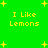 Green background with yellow pixelated text "I Like Lemons" repeated four times and scattered yellow star shapes.