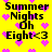 Yellow background with black text reading "Summer Nights Oh Eight<3" and scattered pink pixelated hearts, with visible animation changes in heart positions.
