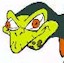 Pixelated cartoon character with green skin, dark hair, and red eyes in a side profile view against white background.