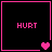 Four black square with pink borders display the word HURT in pixelated text, each containing a different arrangement of pink heart symbols