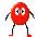 Six pixelated red oval figures with white eyes and black limbs stand in a against a gray background, each in a distinct pose