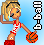 Pixel art animation of a cheerleader character holding an orange basketball, shown in two frames with slight pose changes against a light blue background.