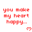 Red pixelated text 'you make my heart happy...' repeated across multiple with small red heart symbols below each text block on a white background
