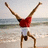 A split-screen image shows a person doing a handstand on a beach next to bold red text reading "I LUBB MY SYCO" on blue background.
