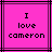Pixelated text on a bright pink background with black lines, displaying "I love cameron" in three