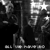 Black-and-white animated of repeated figures with crossed arms, stars above heads, and changing text below
