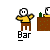 Pixel art character in yellow shirt and brown pants stands at brown bar with green bottle, displaying multiple speech bubbles with text.