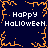 Dark blue background with orange pixelated border and central starburst; four instances of 'Happy Halloween' text in white pixel font.
