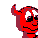 Two red devil figures with horns and white eyes face each other against a gray background, one emitting purple smoke.