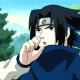 Anime character with black hair and headband in blue cloak, hand near face, background shifts from green trees to orange glow.