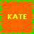 Four identical yellow 'KATE' text blocks arranged in a on an orange background with green pixelated border elements