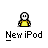 Pixel art contact sheet of seven animated frames showing a yellow stick figure character with various poses and speech bubbles promoting "New iPod" text.