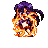 Pixel art animation of a character with long purple hair and a sailor-style outfit performing a fire-based attack with swirling orange and yellow flames.