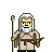 Pixelated character with white hair and beard, holding a staff and bow, wearing light brown robe with brown belt, standing against gray background.