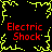 Four identical red "Electric Shock" text blocks surround a central yellow lightning bolt on black background, framed by pixelated yellow border.