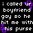 Pixelated text on black background with purple square outlines around some letters, repeating 'i called up boyfriend gay so he hit me with his purse' in white blocky font.