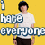 A person in a white t-shirt and dark pants stands against a yellow background with text reading "i hate everyone" on the left side.