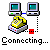 Pixel art animation of two computer monitors connected to a yellow rotary phone with red indicator lights, showing 'Connecting...' text below.