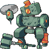 Pixel art robot with teal body, orange accents, and gray smoke puff; one arm raised holding a detached head-like object.