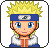 Pixel art character with spiky yellow hair, blue headband marked 'NARUTO', white and orange jacket over blue shirt, closed eyes in one view.