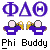 Pixelated icon with three purple symbols above two figures in blue shirts holding yellow objects, labeled 'Phi Buddy' at bottom.