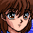 Pixelated anime-style character with brown hair and blue eyes, wearing a blue top, next to black background with white text.