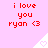 Pixelated red text on pink background reads 'i love you ryan <3' with white triangular shapes containing pink hearts.