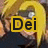 Pixelated image of a person with long blonde hair wearing dark clothing, overlaid by a yellow square containing black text "Dei".