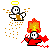 Pixel art of an angel and devil figure with text asking 'Who's Side Are You On?' on a gray background.