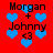 Red background with blue heart shapes and black text reading "Morgan + Johnny <3" in four repeated sections.