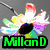 Animated icon with colorful flower-like shape and text 'MillanD' on gray background, transitioning to abstract multicolored pattern with 'Luvv' text.