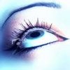 A close-up of a human eye with blue irises, long eyelashes, and a visible eyebrow, rendered in a soft-focus style with light blue and white tones.