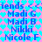 Pixelated blue text on a pink and cyan heart-patterned background, showing repeated names in two with 'friends' at the top