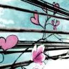 A static image shows a light blue background with black horizontal lines and pink heart-shaped and flower-shaped icons attached to thin black branches.